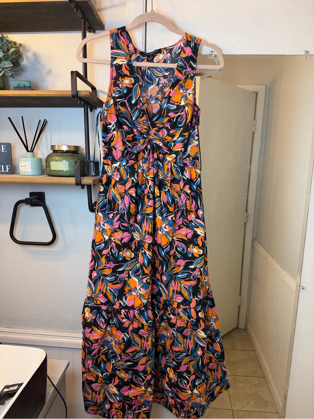 French Connection Black Maxi Dress with Pink & Orange Floral Print